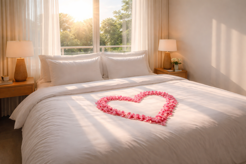 Coeur en pétale sur le lit - surprise de saint valentin